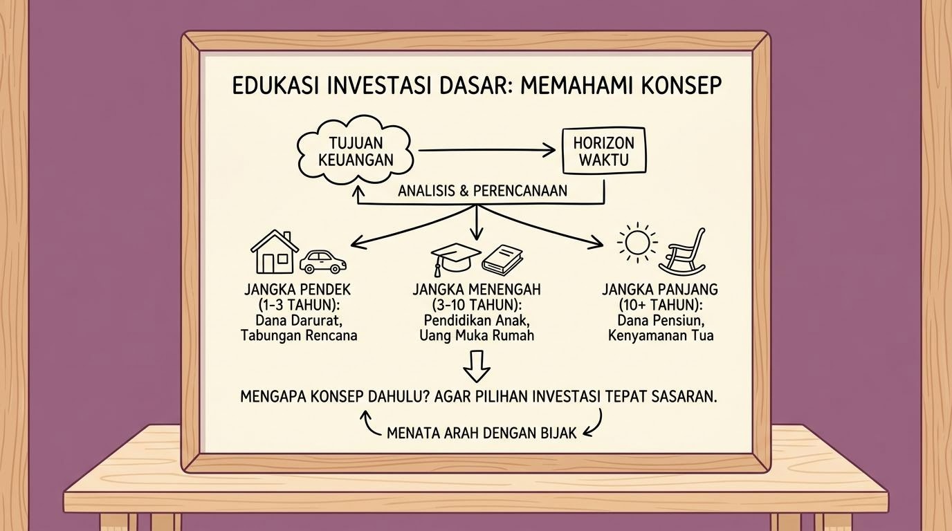 Diagram konsep dasar keuangan dengan panah arah pada papan tulis kecil